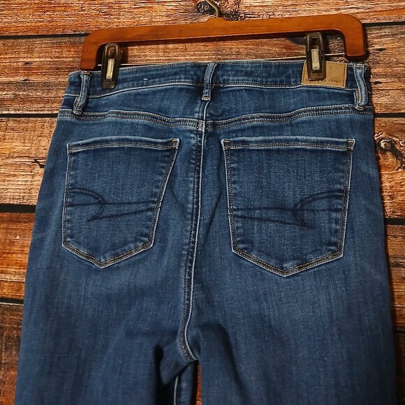 American Eagle Jeans Size 10 Super High Rise Slit Flare Blue Denim Stretch - Picture 6 of 12